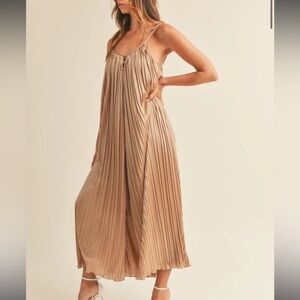 Satin Pleated Mocha Maxi Jumpsuit
